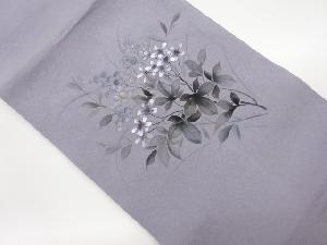 作家物　縮緬地手描き花葉模様名古屋帯